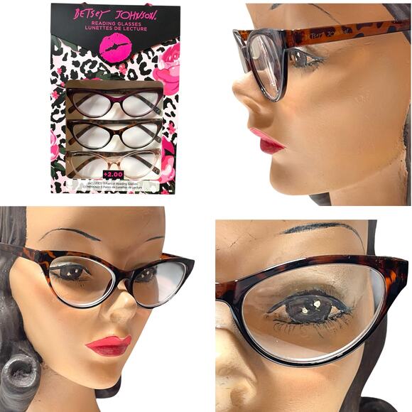Betsey Johnson +1.50 Reading Glasses Readers 3 Pack Set Cat Eye Tortoise Maroon - Picture 7 of 8